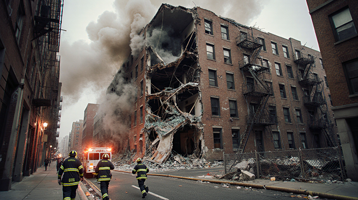 Emergency responders evacuating residents with smoke billowing from collapsed Bronx building and twisted metal debris