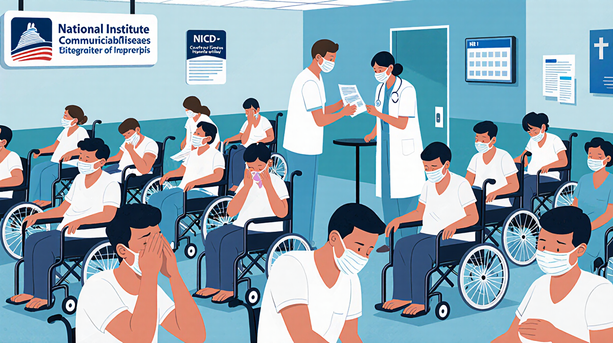 Patients in wheelchairs vomiting with masks while nurses monitor a hospital ward amid a cruise ship gastroenteritis outbreak