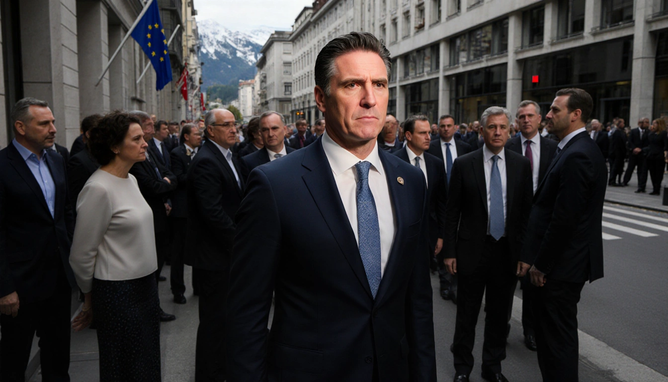 California Governor Gavin Newsom standing alone on a crowded street in Davos, Switzerland.