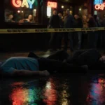 Two men lie motionless on dimly lit gay bar floor with neon reflections and police tape at entrance