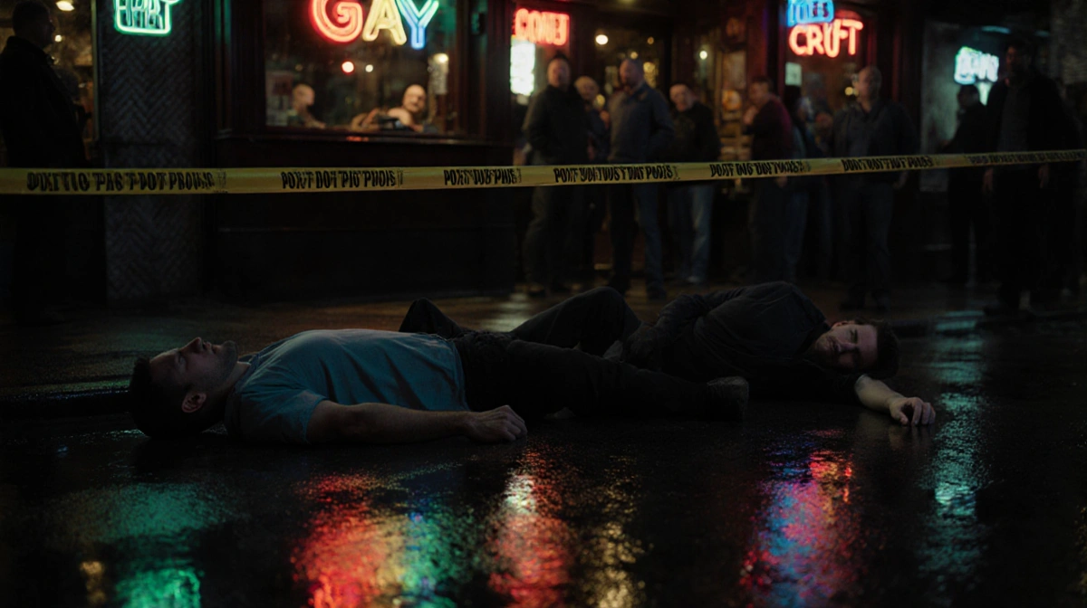 Two men lie motionless on dimly lit gay bar floor with neon reflections and police tape at entrance