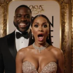 Gayle King stands frozen with mouth agape at the Golden Globes red carpet with Hudson Williams grinning confidently behind he