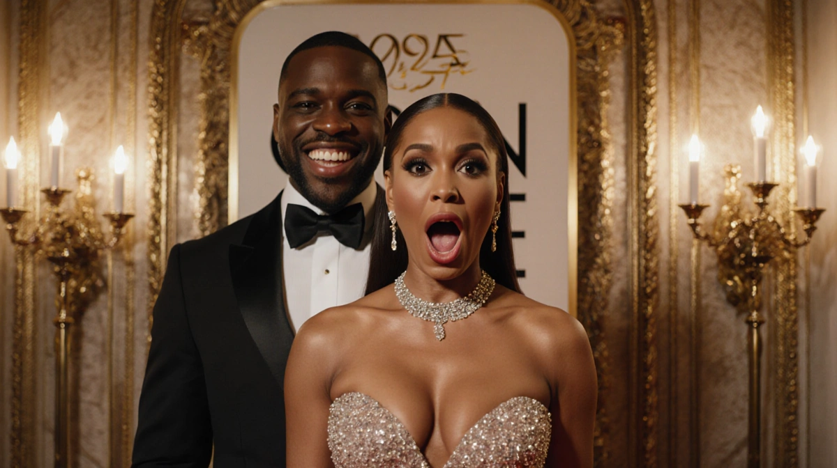Gayle King stands frozen with mouth agape at the Golden Globes red carpet with Hudson Williams grinning confidently behind he