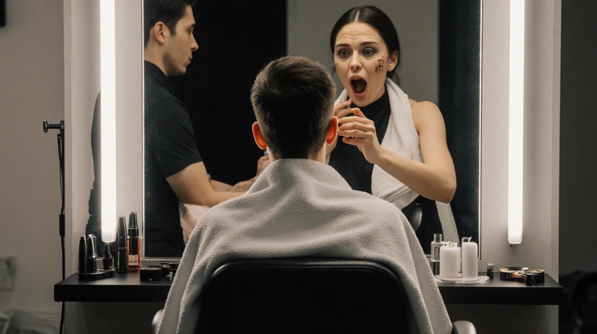 Person sitting in salon chair with shocked expression and makeup artist standing behind near mirror