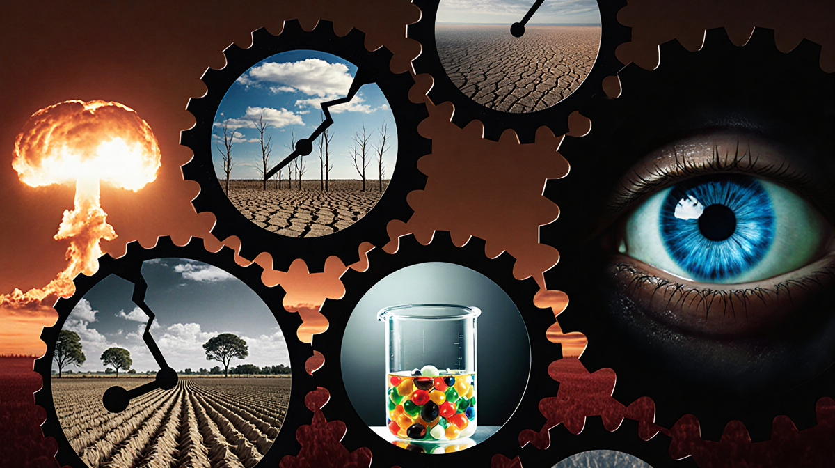 Four gears spin within a broken clock with a nuclear mushroom cloud and a glowing AI eye.