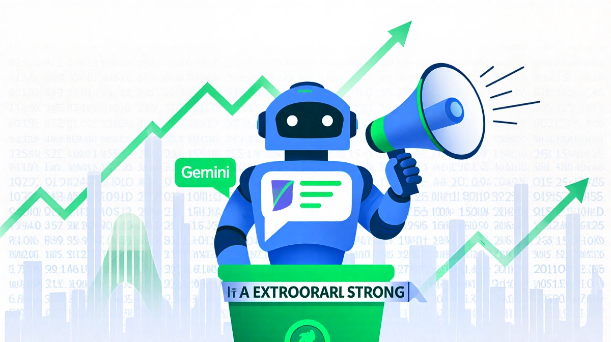 Google's Gemini chatbot speaking at podium with rising crypto charts and bull market ticker tape background
