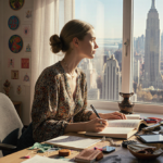 Young Gemini woman writing in open journal at cluttered desk with cityscape in window glow.