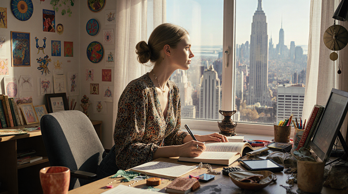 Young Gemini woman writing in open journal at cluttered desk with cityscape in window glow.