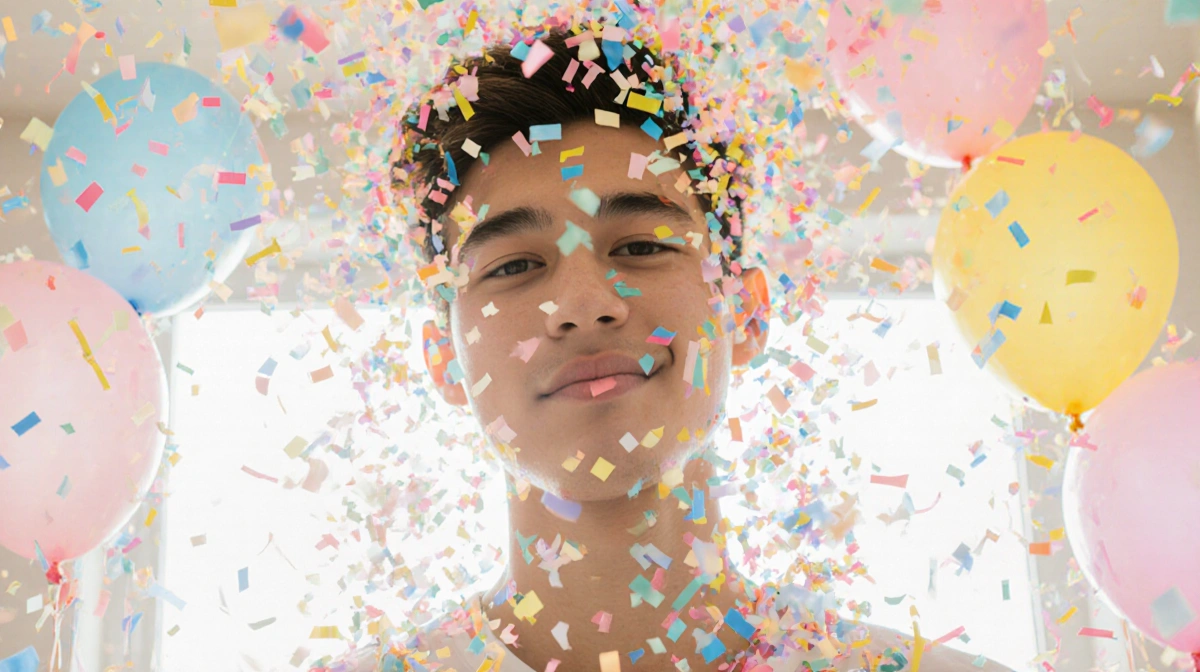 Young person stands with innocent expression as pastel confetti and balloons swirl around them with natural light creating wa