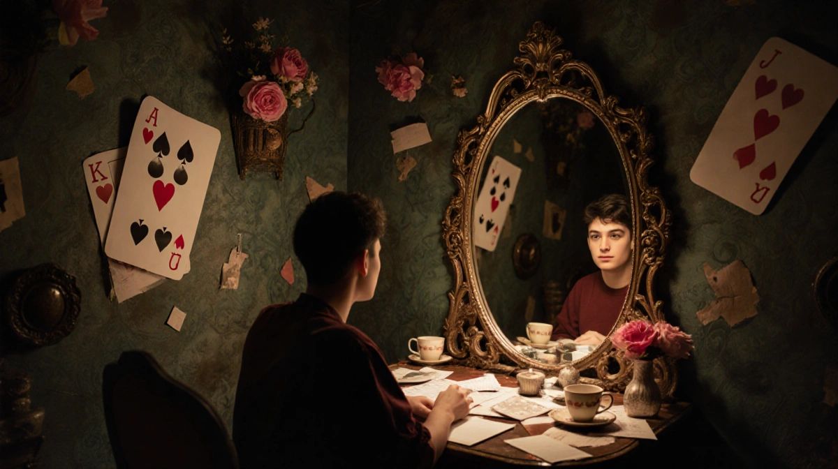 Young person sits alone at ornate table with antique mirror showing reflection and scattered notes in surreal room