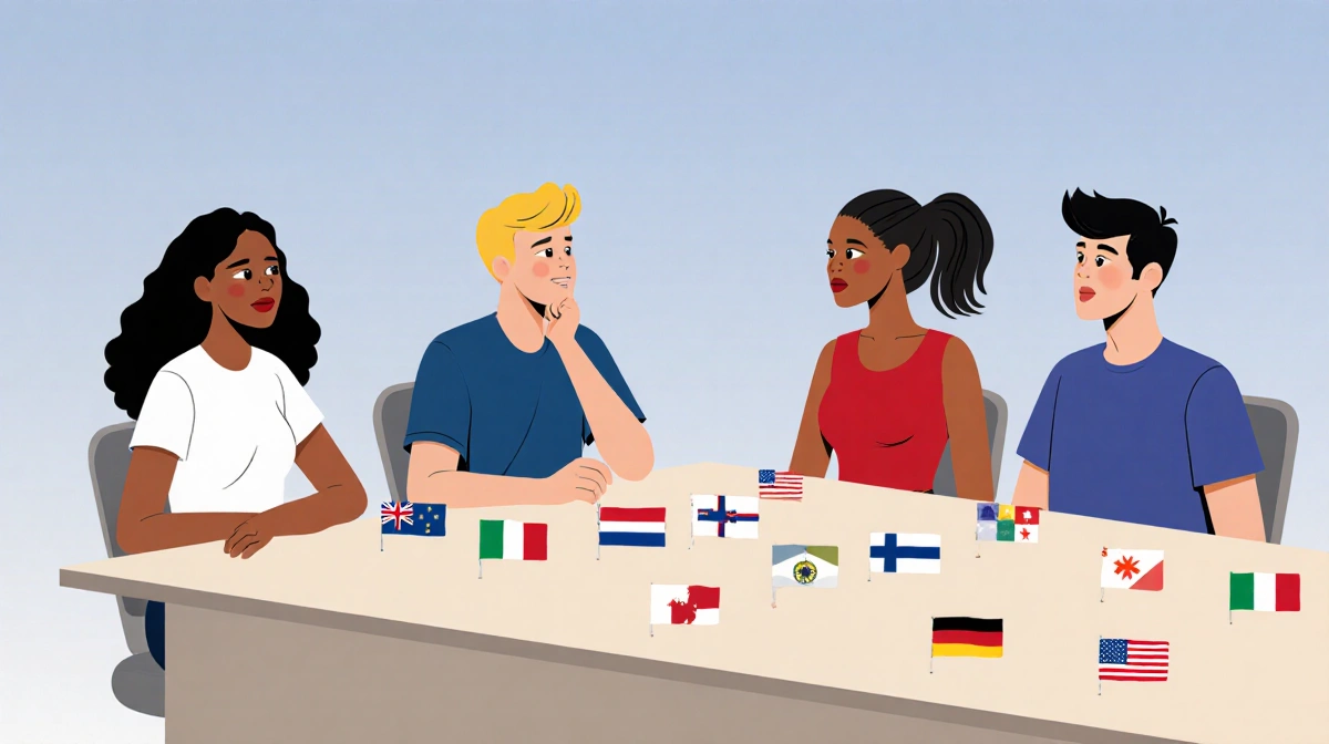 Young adults gather around table with colorful flags and diverse expressions showing political independence