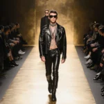 Gene Gallagher strutting down the catwalk at Milan Fashion Week with designer racks and golden lighting highlighting his edgy