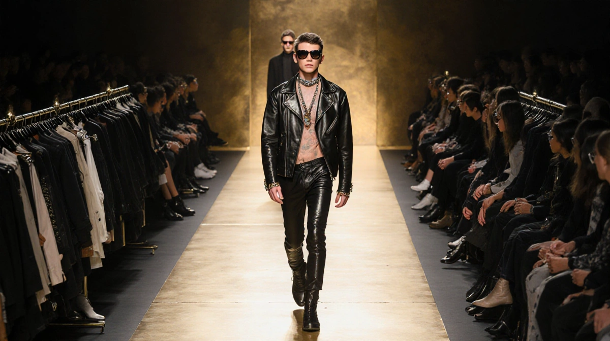 Gene Gallagher strutting down the catwalk at Milan Fashion Week with designer racks and golden lighting highlighting his edgy