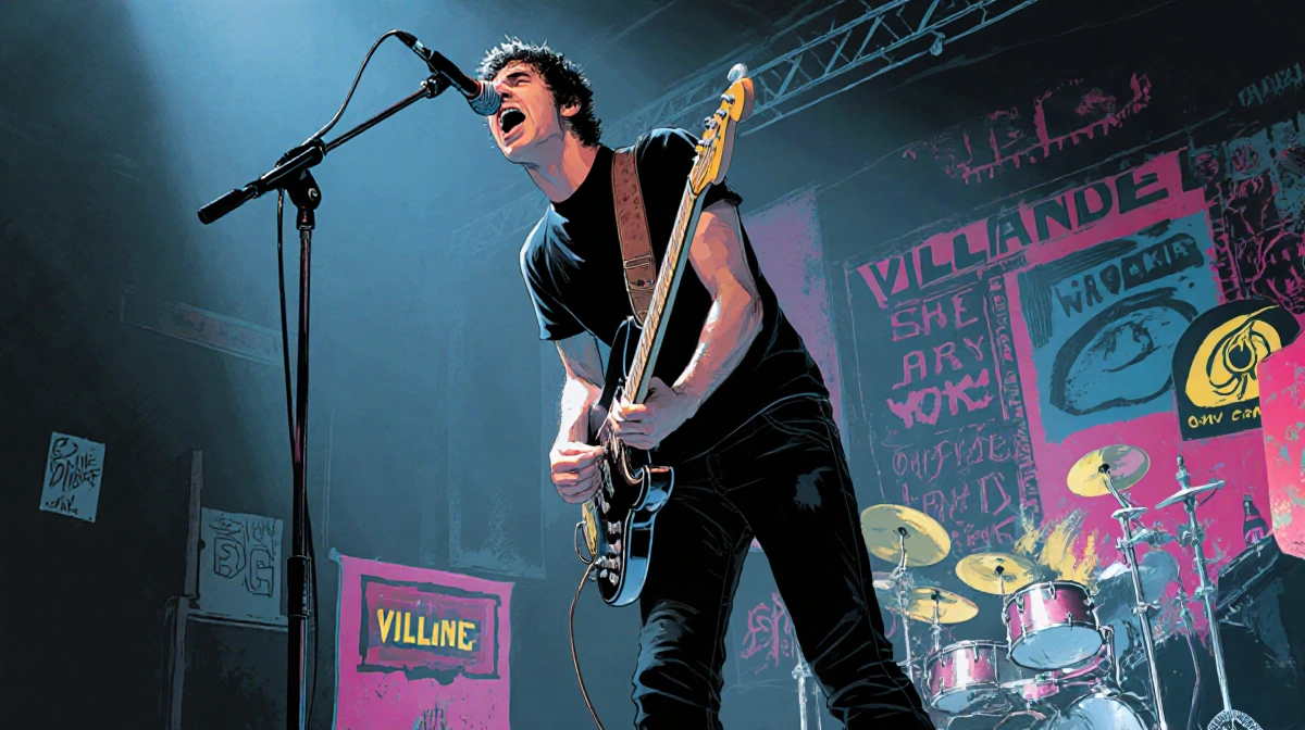 Gene Gallagher performing with guitar slung low and Britpop graphics glowing behind him at underground venue