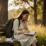 Genevieve Hannelius writing in journal with backpack and books beside her in wildflower meadow