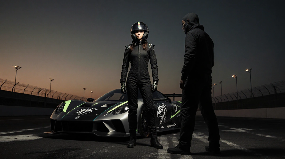 Genevieve stands beside her racing car with dragon emblem and revving engine while Qais watches from the shadows