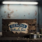 Worn wooden crate labeled Genova Yellowfin Tuna spills open cans onto dock with flickering overhead light casting eerie glow