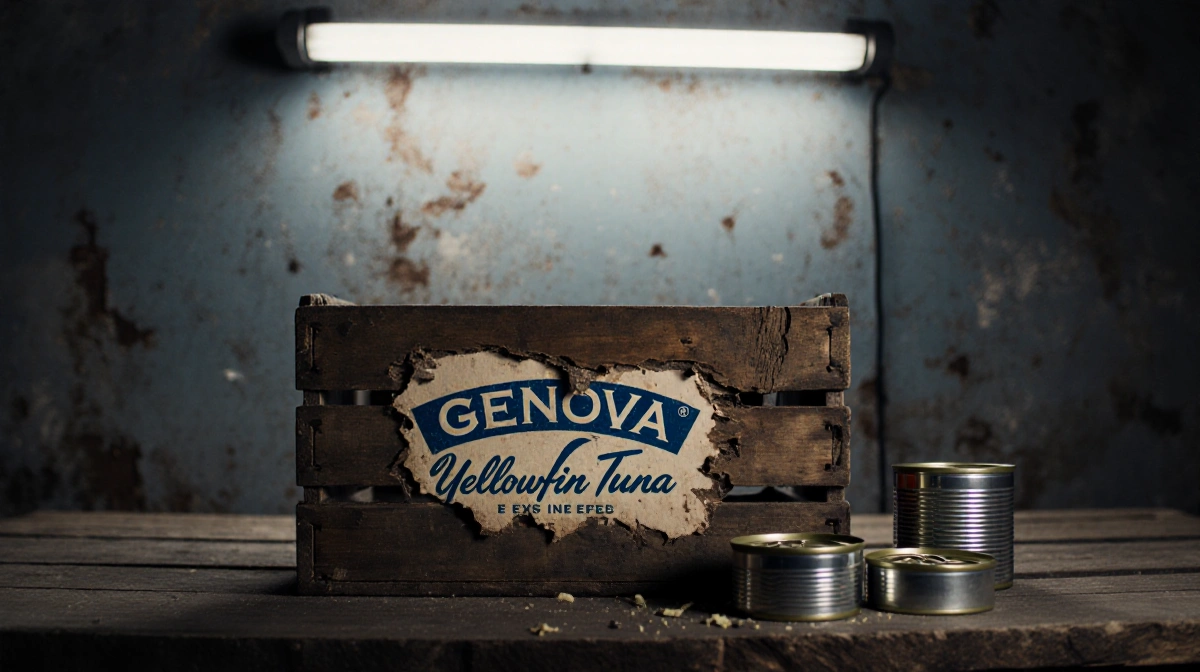 Worn wooden crate labeled Genova Yellowfin Tuna spills open cans onto dock with flickering overhead light casting eerie glow