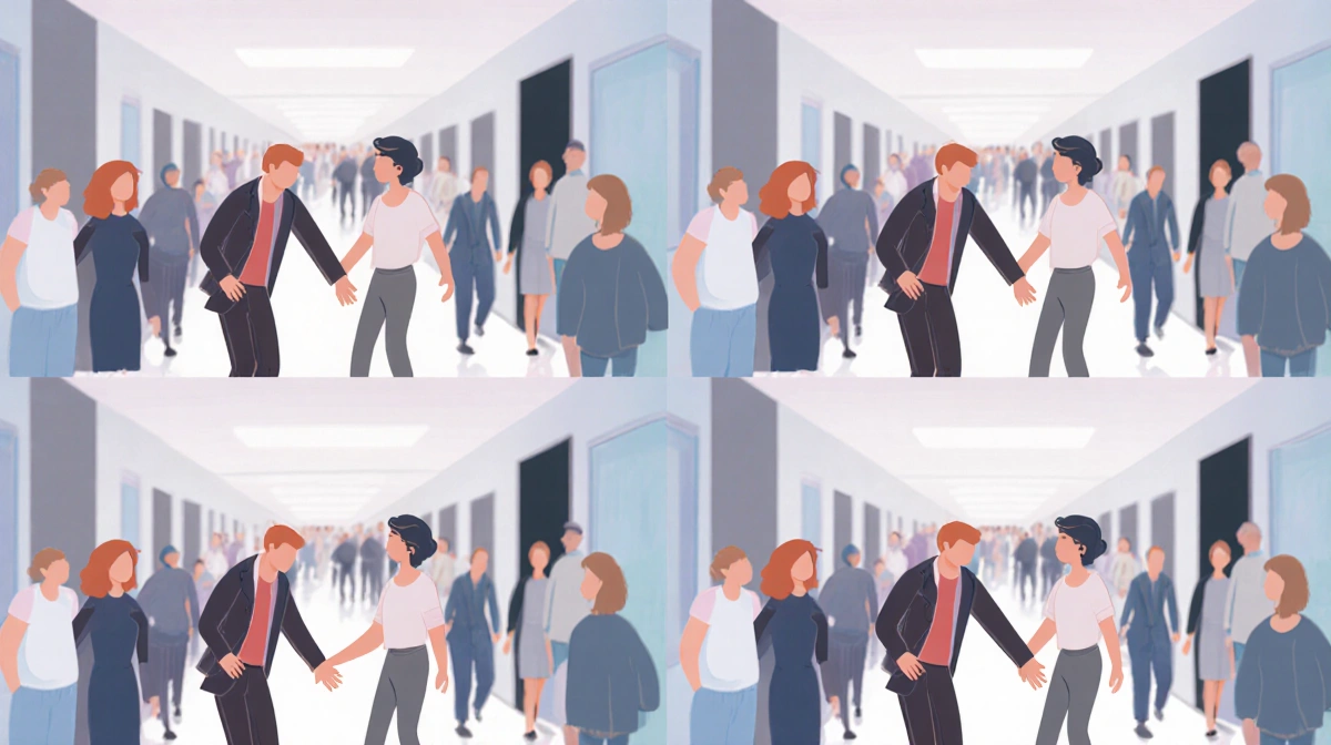 Students gently nudging and jostling in crowded hallway with soft lighting and blurred background