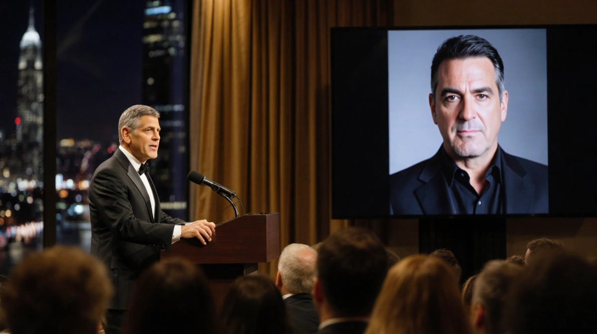 George Clooney speaking at podium with Quentin Tarantino on screen behind him and city skyline visible