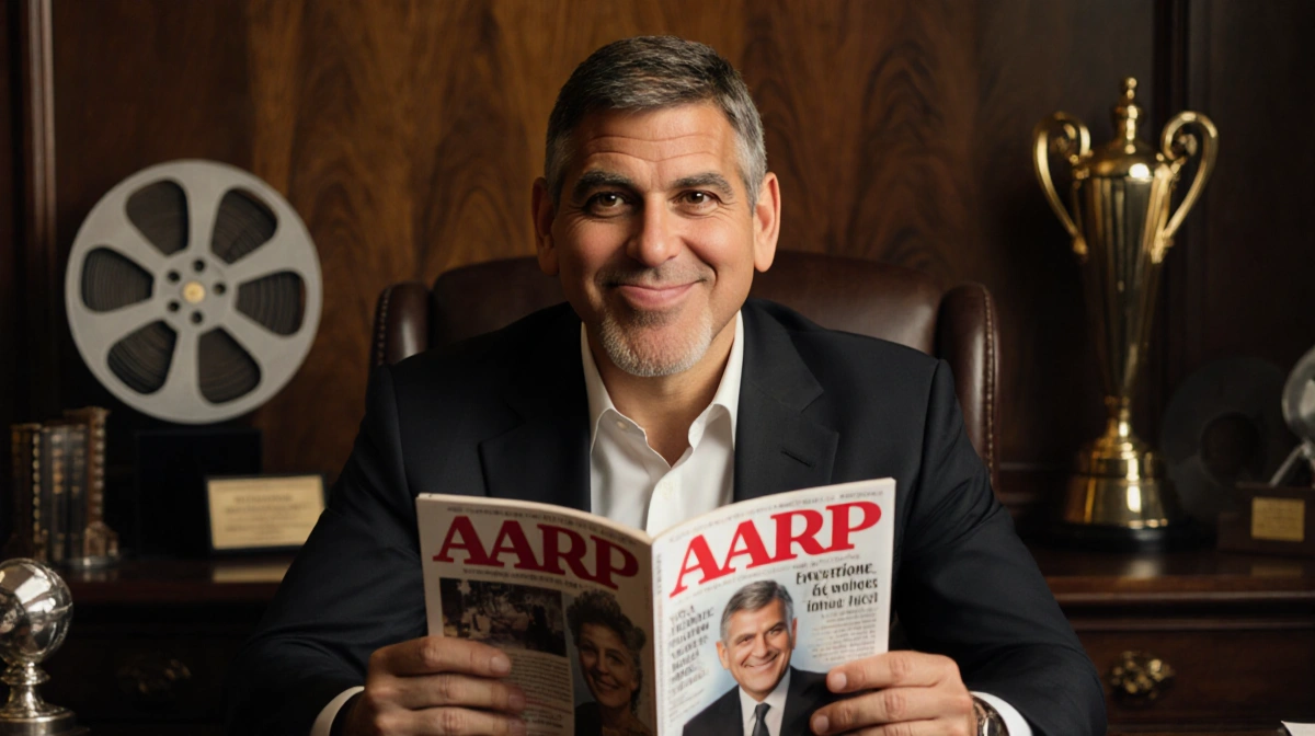 George Clooney holds AARP magazine with playful smirk at luxurious desk with vintage film reels and awards