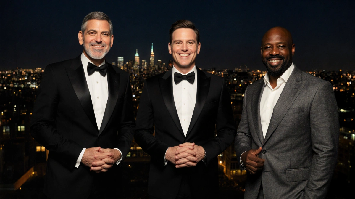 George Clooney Chris Pine and Don Cheadle smiling together with city skyline behind them showing silver fox style