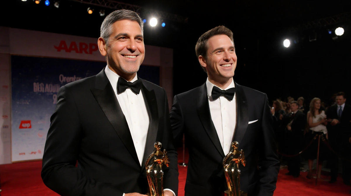 George Clooney and Noah Wyle holding their AARP acting awards with red carpet backdrop showing their proud smiles