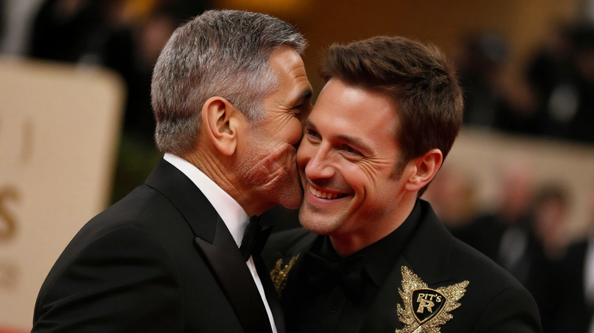 George Clooney hugging Noah Wyle on red carpet with Pitt logo jackets and warm evening light