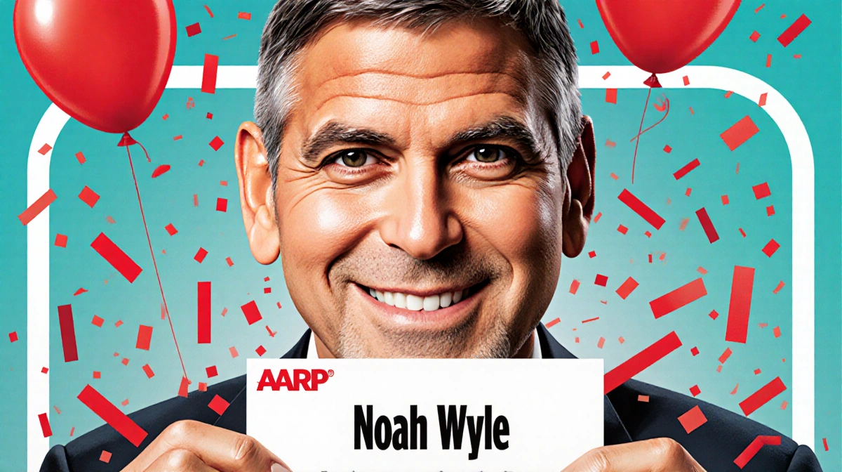 George Clooney holding a card with Noah Wyle's name while red confetti falls and balloons float nearby