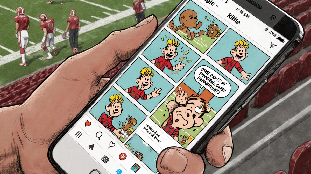 George Kittle scrolling Instagram carousel with injury emotions and football caption on phone