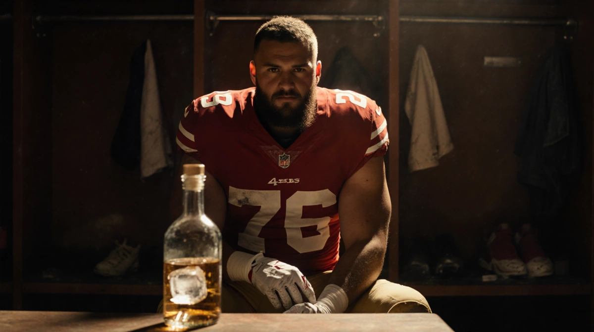 George Kittle sitting in locker room holding his injured ankle with tequila bottle on table and golden lighting showing deter