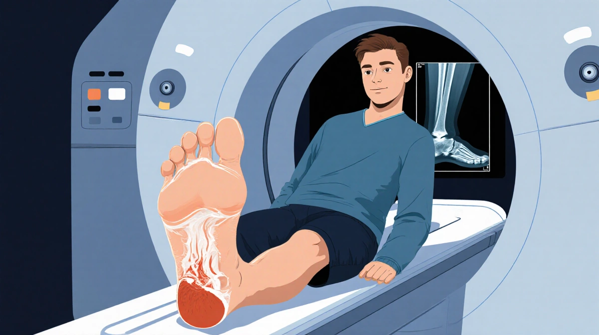 George Kittle sitting in MRI machine with torn Achilles ankle injury and medical imaging showing behind