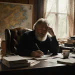 George R.R. Martin writing at desk with Westeros map on wall and coffee cup nearby
