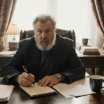 George R.R. Martin sits at cluttered desk with notepad and pen showing surprise while papers and coffee cups surround him