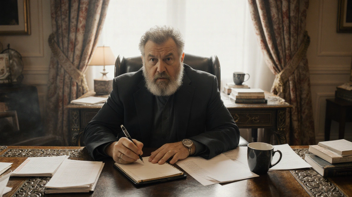 George R.R. Martin sits at cluttered desk with notepad and pen showing surprise while papers and coffee cups surround him