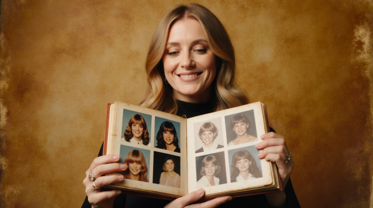 Geri Halliwell-Horner gently holding photo album with Emma Bunton pictures and golden vintage background