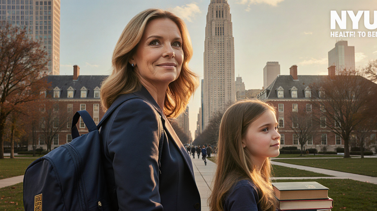 Giada De Laurentiis standing before NYU campus with Jade's backpack and books near her reflecting on college transition with 