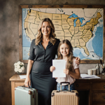 Giada and her daughter holding letters with warm light from window and wooden desk and a map of the United States behind them