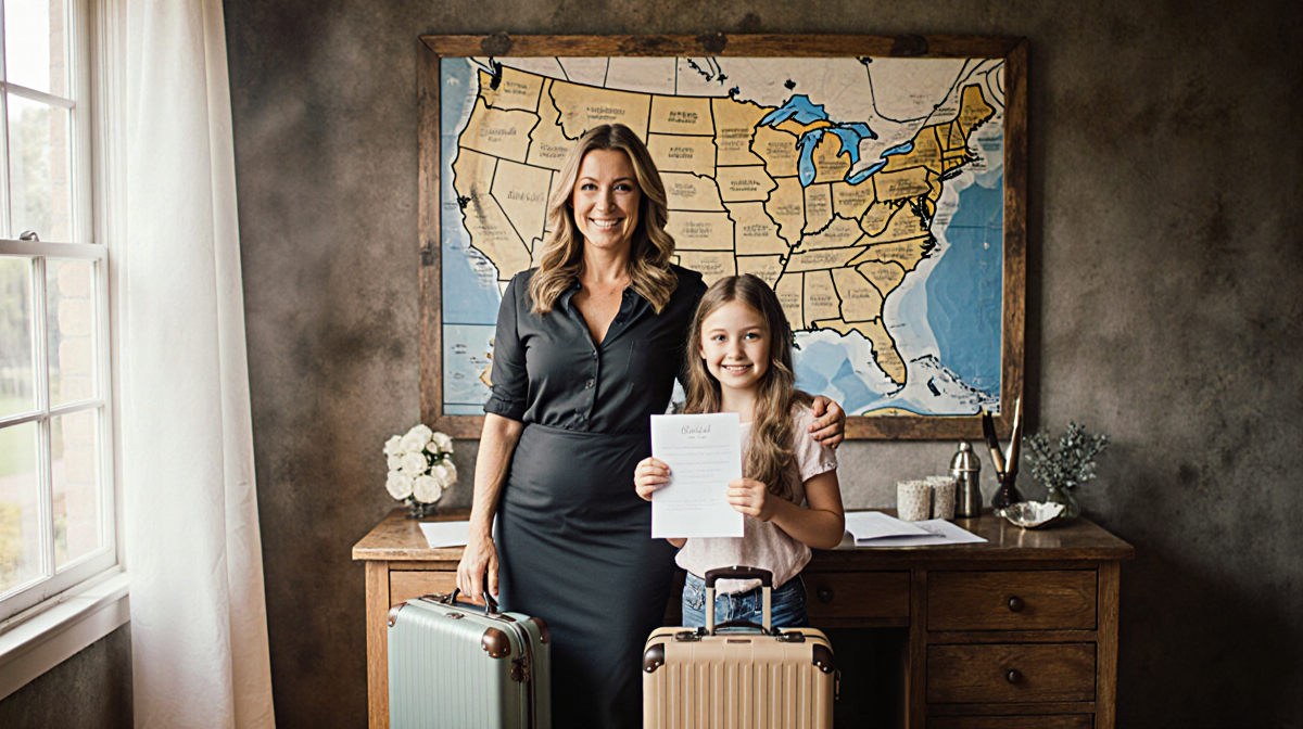 Giada and her daughter holding letters with warm light from window and wooden desk and a map of the United States behind them