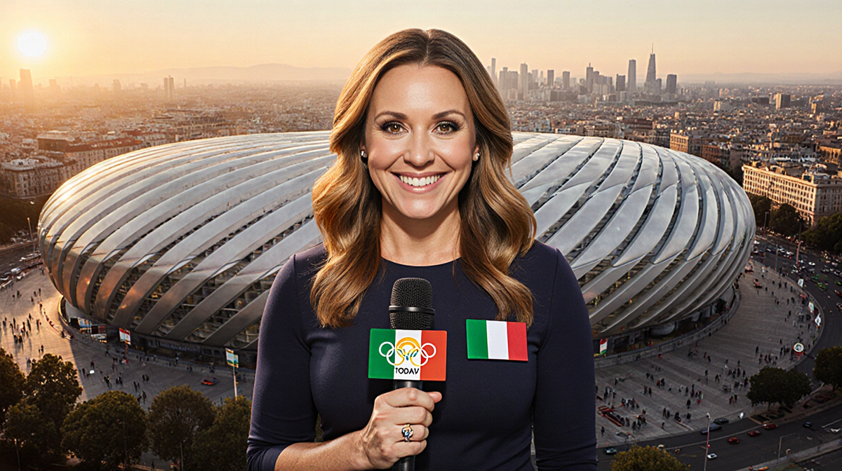 Giada De Laurentiis holds a microphone with a Today! badge while standing before sunset Olympic stadium and Milan cityscape.