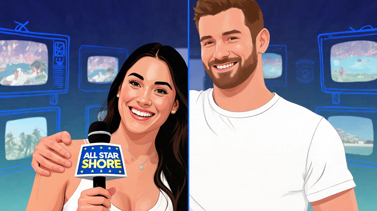 Giannina Gibelli and Blake Horstmann smiling together with All Star Shore microphone and TV screens in background