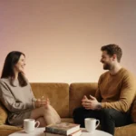 Giannina Gibelli and Blake Horstmann laugh together on talk show couch with golden lighting and pastel background