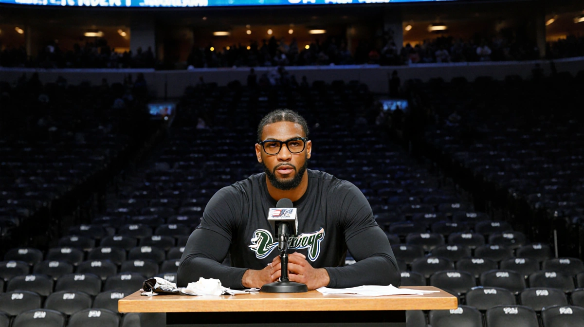 Giannis Antetokounmpo sits at podium with stern expression and abandoned microphone showing empty arena seats