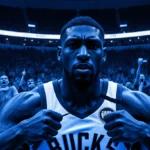 Giannis Antetokounmpo giving double thumbs down with Bucks fans booing in dim blue arena