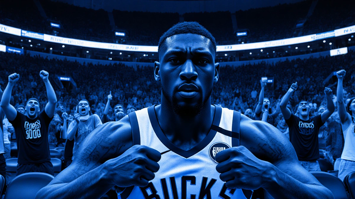 Giannis Antetokounmpo giving double thumbs down with Bucks fans booing in dim blue arena