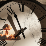 Clock face showing midnight with fractured surface and headlines near and wildfire and nuclear
