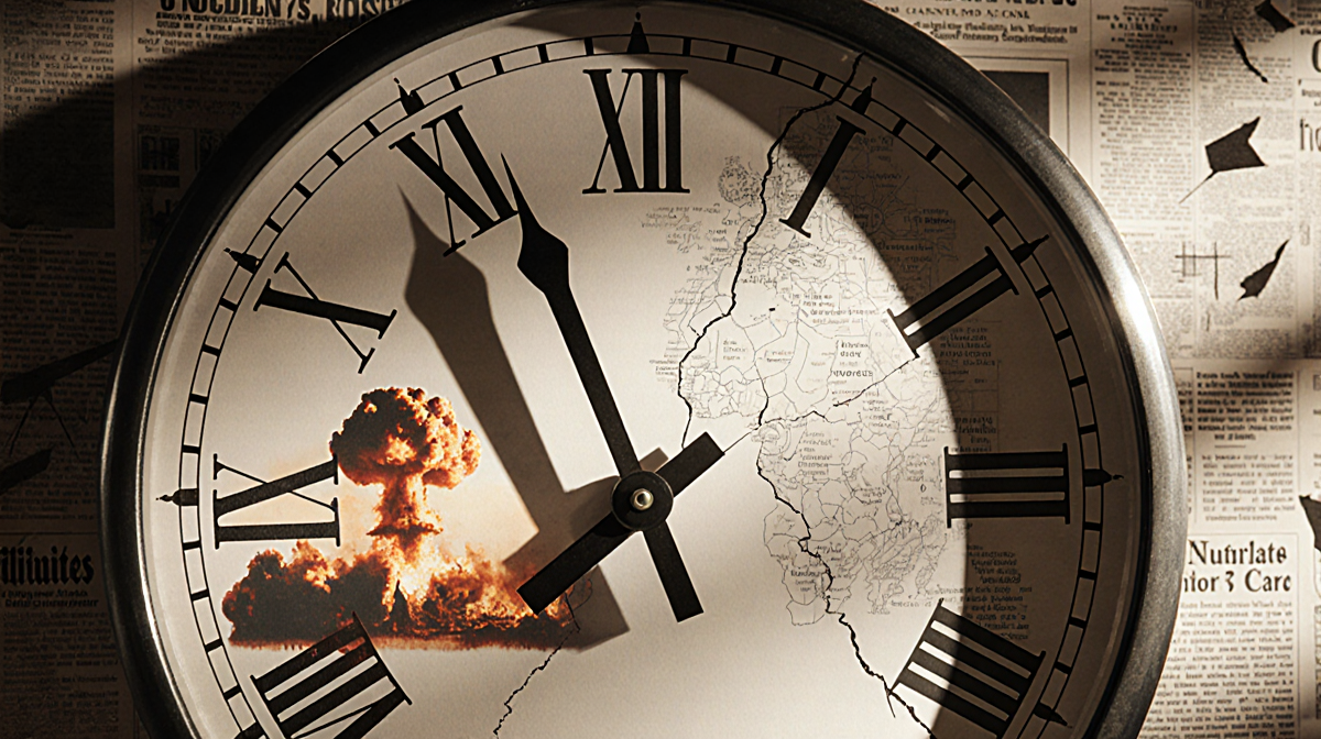 Clock face showing midnight with fractured surface and headlines near and wildfire and nuclear
