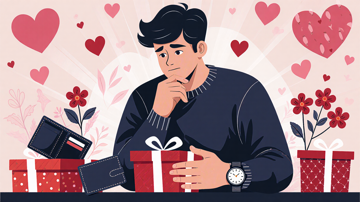 Male thoughtfully holds wrapped gift and examines a watch with hearts and flowers in background.