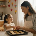 Gigi Hadid baking cookies with daughter Khai at kitchen table with warm natural light and colorful decorations