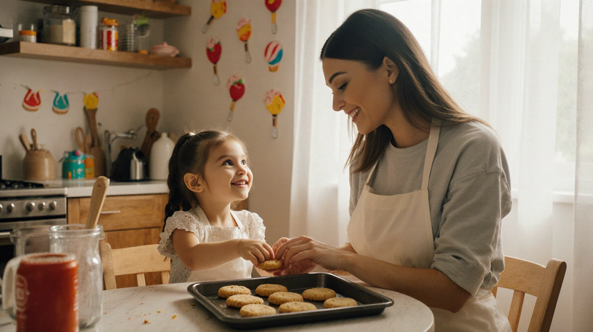 Gigi Hadid baking cookies with daughter Khai at kitchen table with warm natural light and colorful decorations